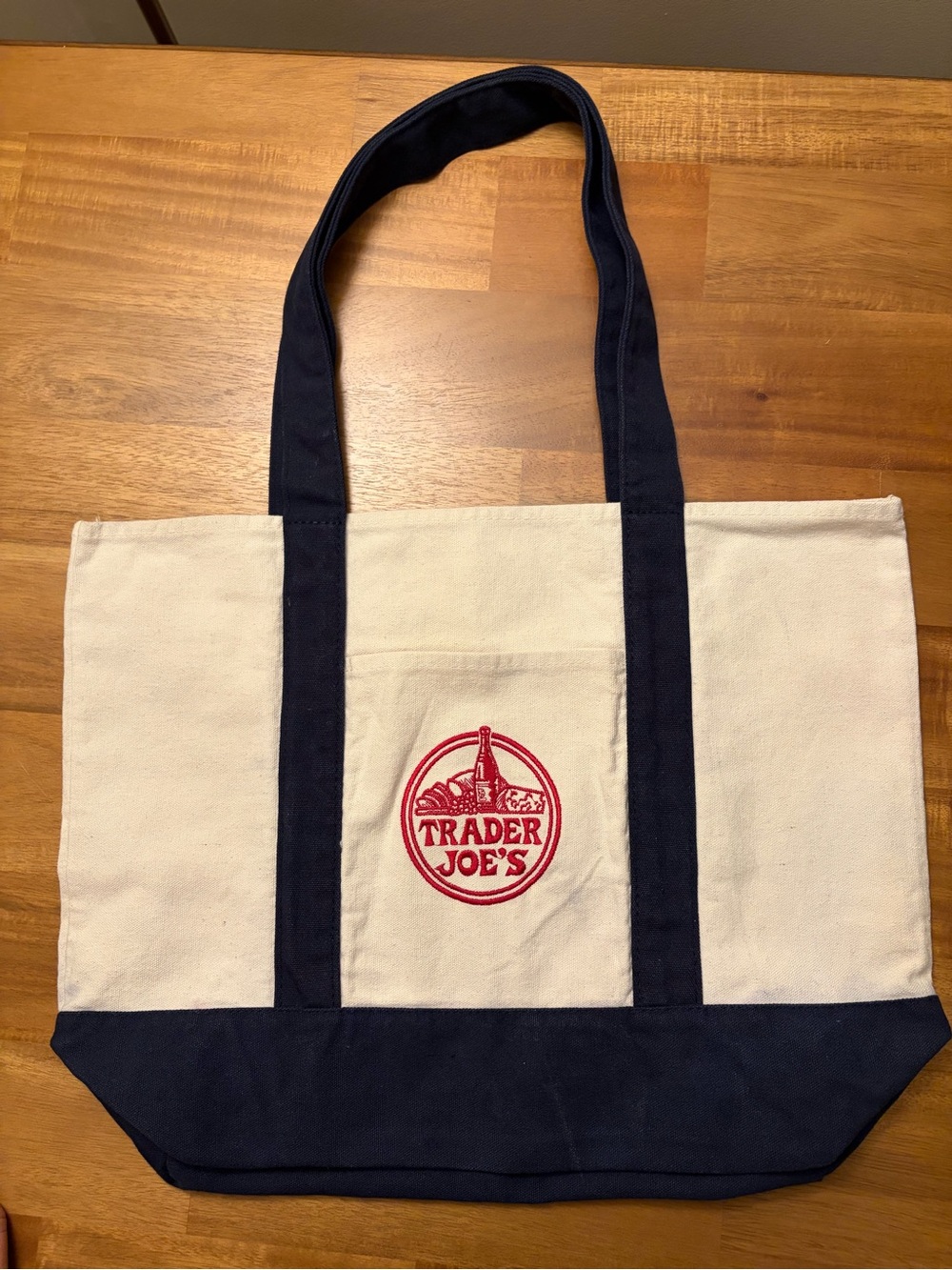 Trader Joe's Large Canvas Tote Bag in Navy & Cream - Picture 3 of 5